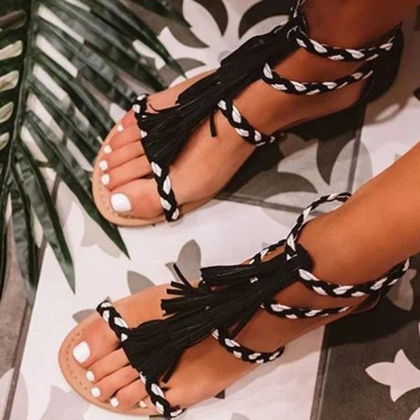  Women Summer Black And White Braided Flat Sandals