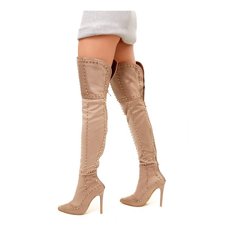 Khaki Studded Thigh High Stiletto Heel Long Boots with Zipper |FSJ Shoes