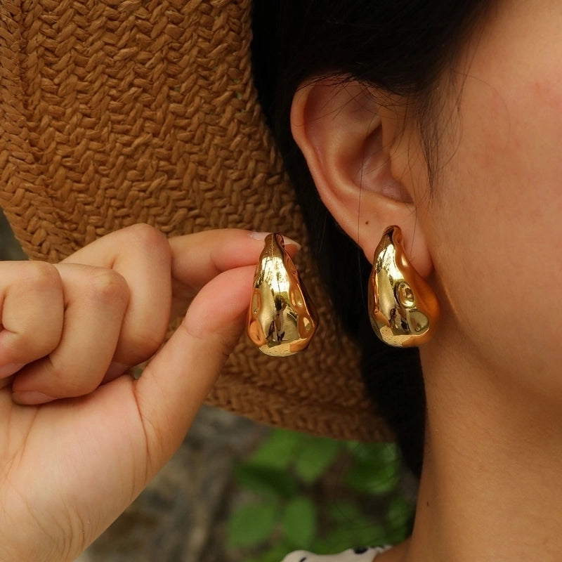 1 Pair Minimalist Shiny Water Droplets Polishing Pleated 316L Stainless Steel  18K Gold Plated Ear Studs