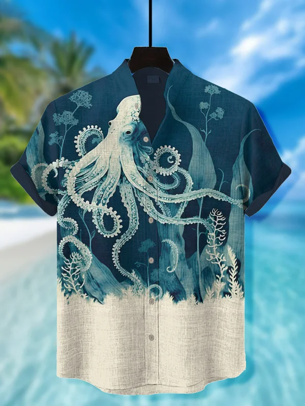 Men's Vacation Ocean Octopus Plant Japanese Art Print Short Sleeve Shirt