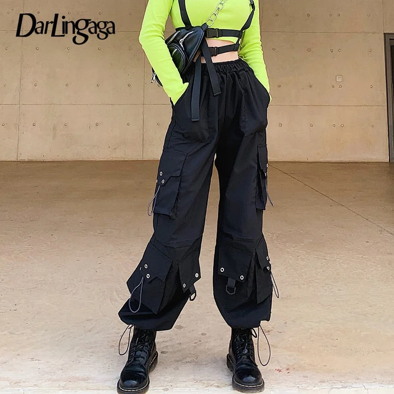 Darlingaga Streetwear Loose Black Cargo Pants Women Drawstring Big Pockets Trousers Baggy High Waist Pants Hip Hop Capri Bottom