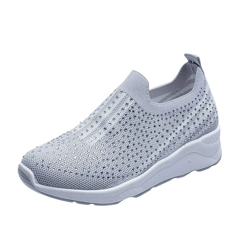 Lucyever Shiny Crystal Flats Shoes for Women Spring Autumn Breathable Soft Bottom Shoes Woman Plus Size Slip on Casual Sneakers