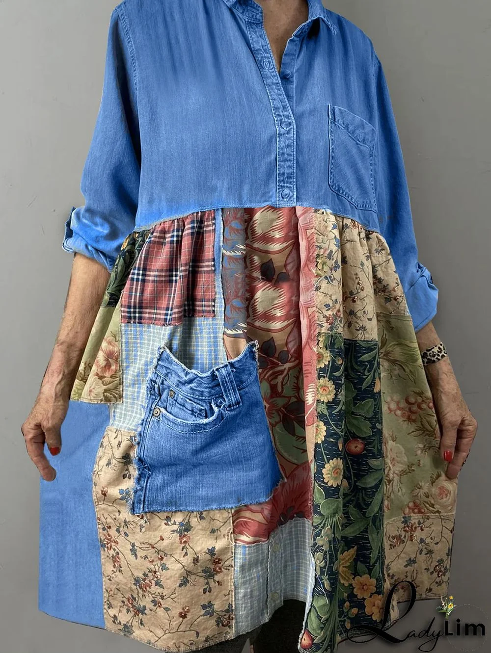 Casual Boho Patchwork Turndown Collar Denim Midi Dress