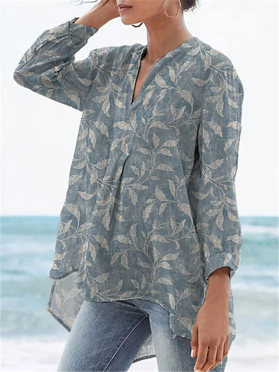 Spring Vines Pattern Printed Women's Casual Linen V-neck Shirt