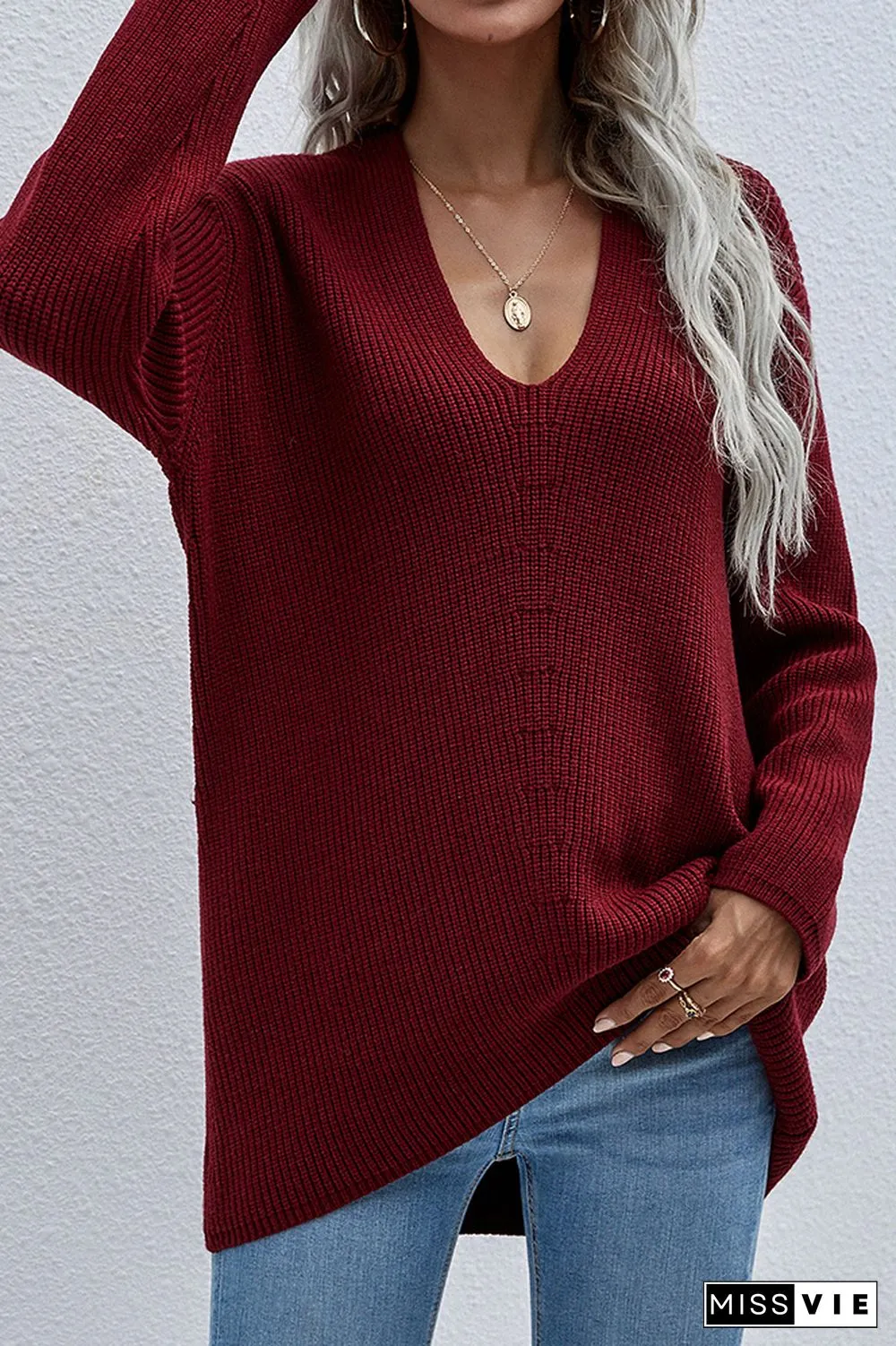 V-neck Long Sleeves Loose Solid Color Pullover Sweater Wholesale