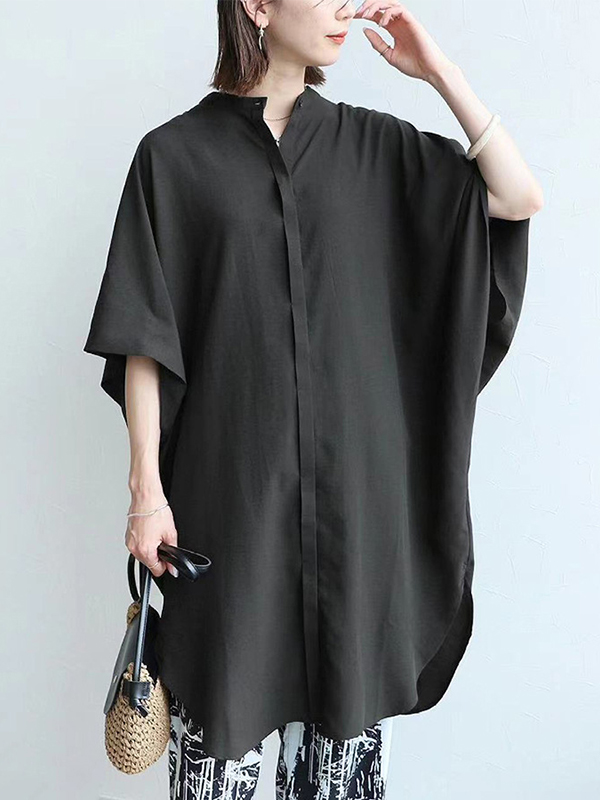 Stand Up Collar Bat Wing Sleeve Oversize Solid Color Shirt