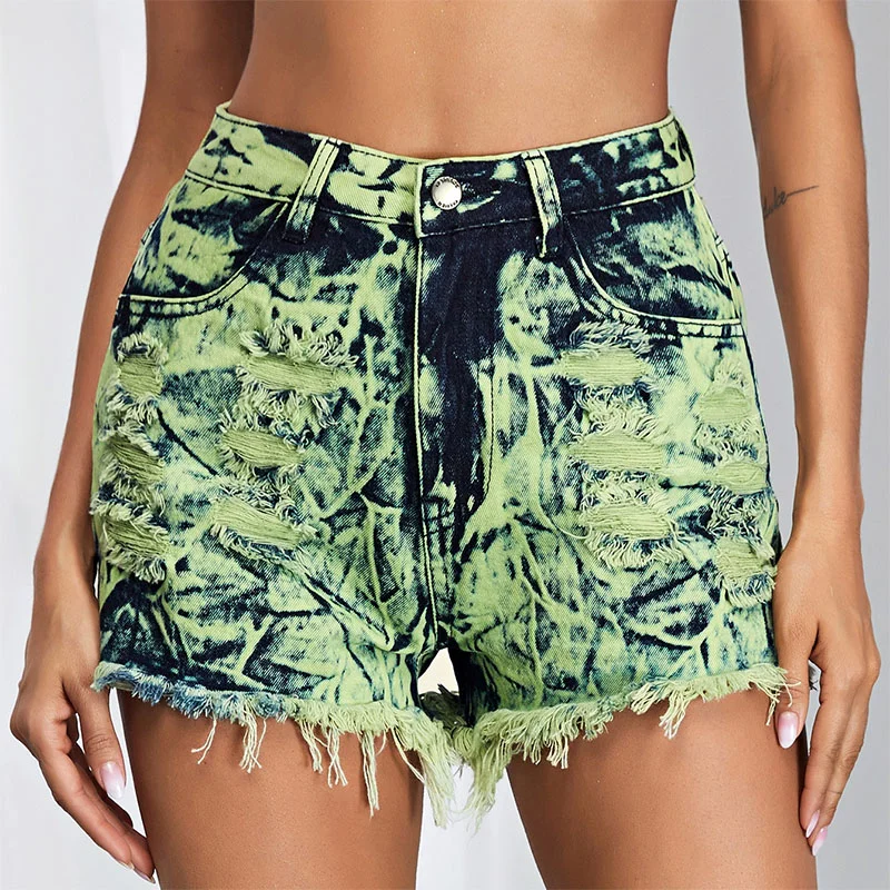   Women's Green Tie-dye Ripped Denim Shorts - Neojana