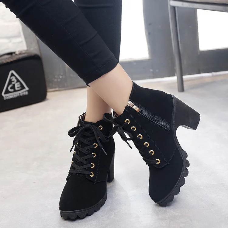 Yyvonne New High Heel Thick Heel Casual Women's Boots Platform Ankle Boots Round Head Side Zipper Lace Ankle Boots