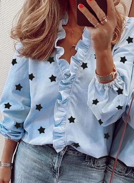 LEOSOSXS Spring Autumn Sexy Deep V Neck Women Blouses Shirt Fashion Suffles Five Pointed Star Print  Office LadiesTops Plus Size