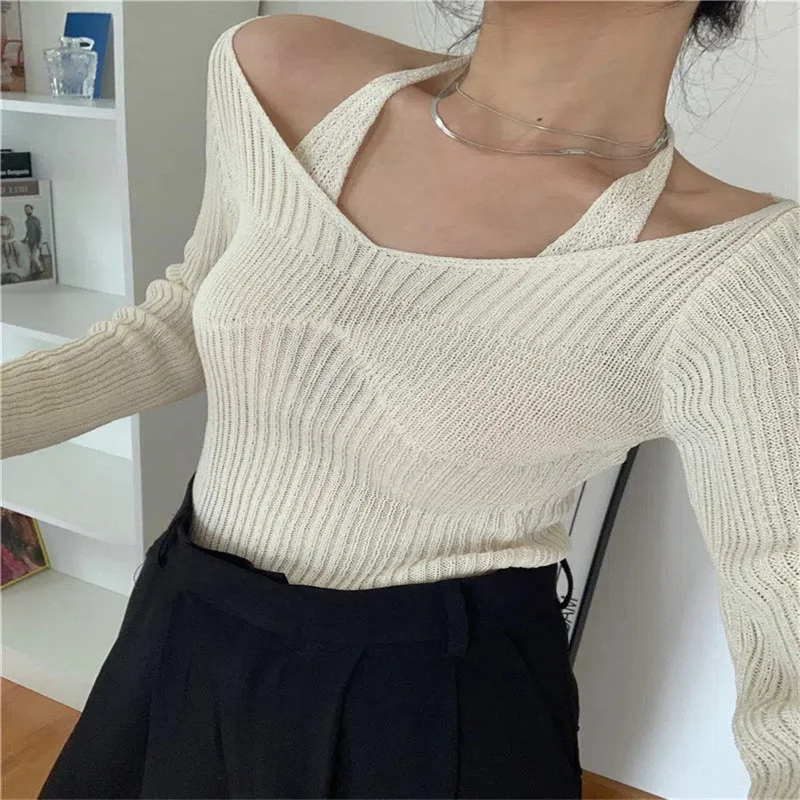 Uveng Uveng Two Knitted Shirt Women Spring New Sexy Slimy V Collar Hanging Neck Long Sleeve Bottom Shirt