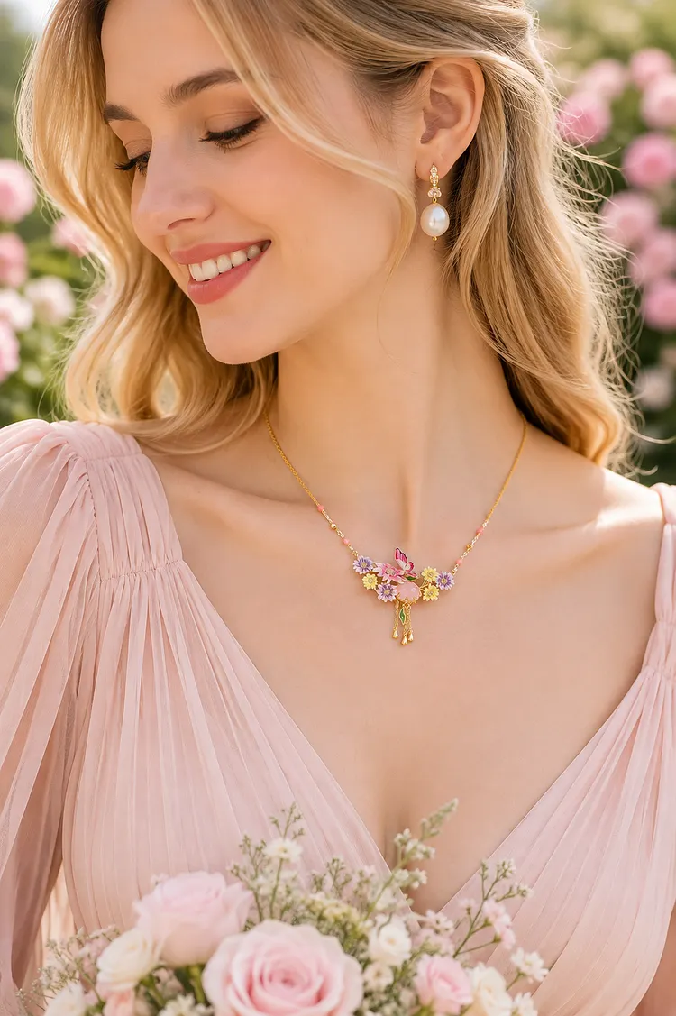 Blooming Garden Handmade Enamel Necklace &ndash; Colorful Floral & Butterfly Jewelry, A Timeless Gift for Her