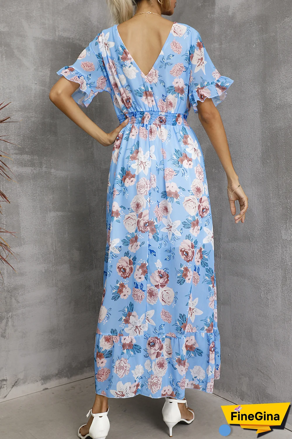 Elegant Floral Split Joint Flounce V Neck Waist Skirt Dresses(4 Colors)