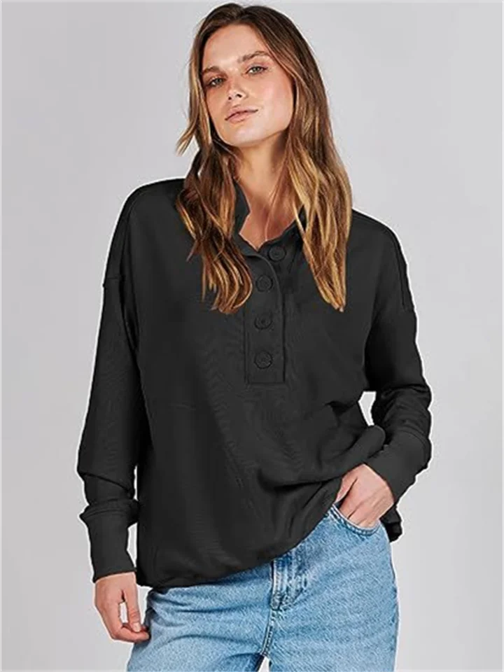 New Fall and Winter Loose Simple Buttons V-neck Top Casual Versatile Long-sleeved Splicing Pockets Sweater-Mixcun