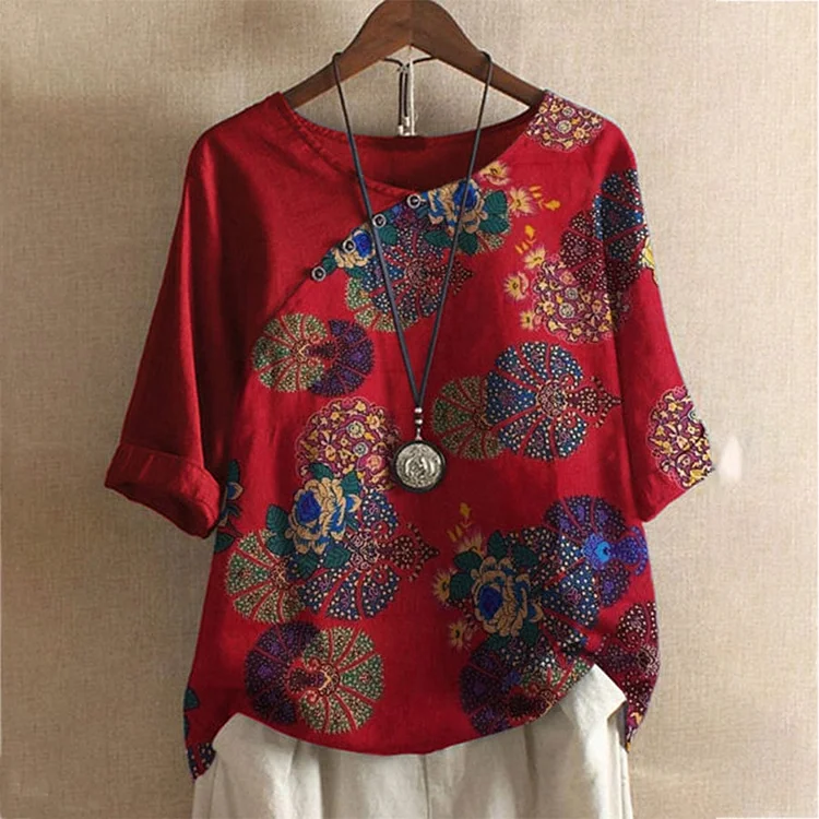 Ladies Vintage Print Loose Casual Cotton Linen Top