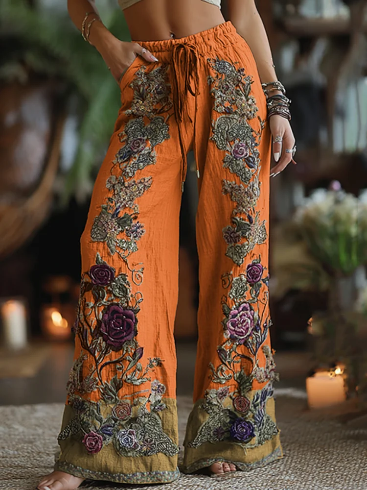 Utbros Classy Purple Lavender And Floral Embroidered Art Linen Pants