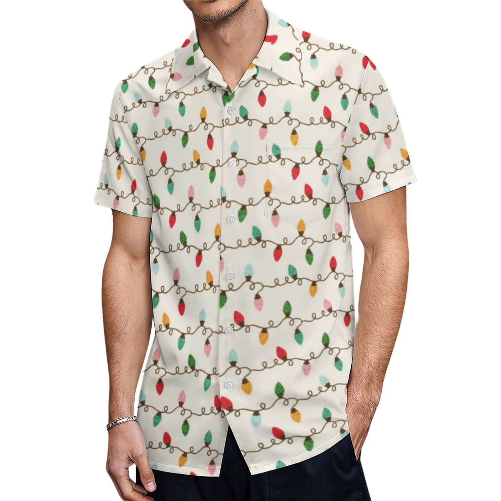 Cute Christmas Lights Pattern Hawaiian Shirt Mens Button Down Plus Size Tropical Hawaii Beach Shirts