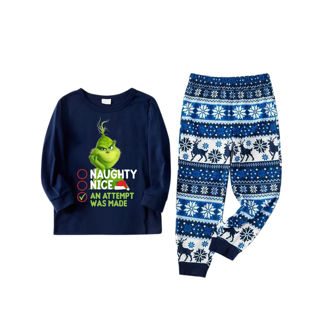 Cute Cartoon Pattern and Slogan Text Printed Blue Christmas Matching Pajamas
