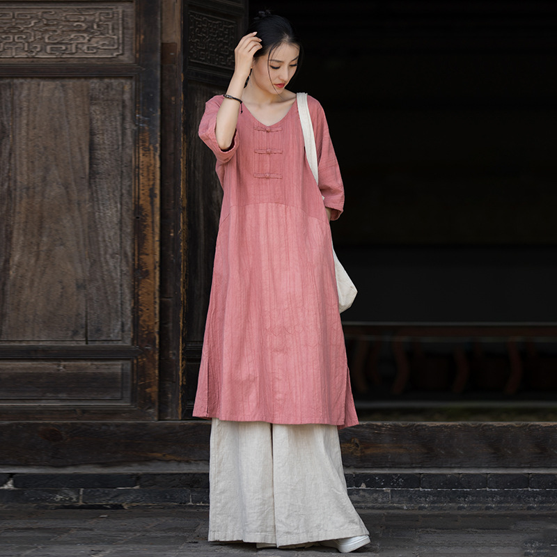 Original Design Hand-Dyed Front Button V-Neck Loose Elegant Dress