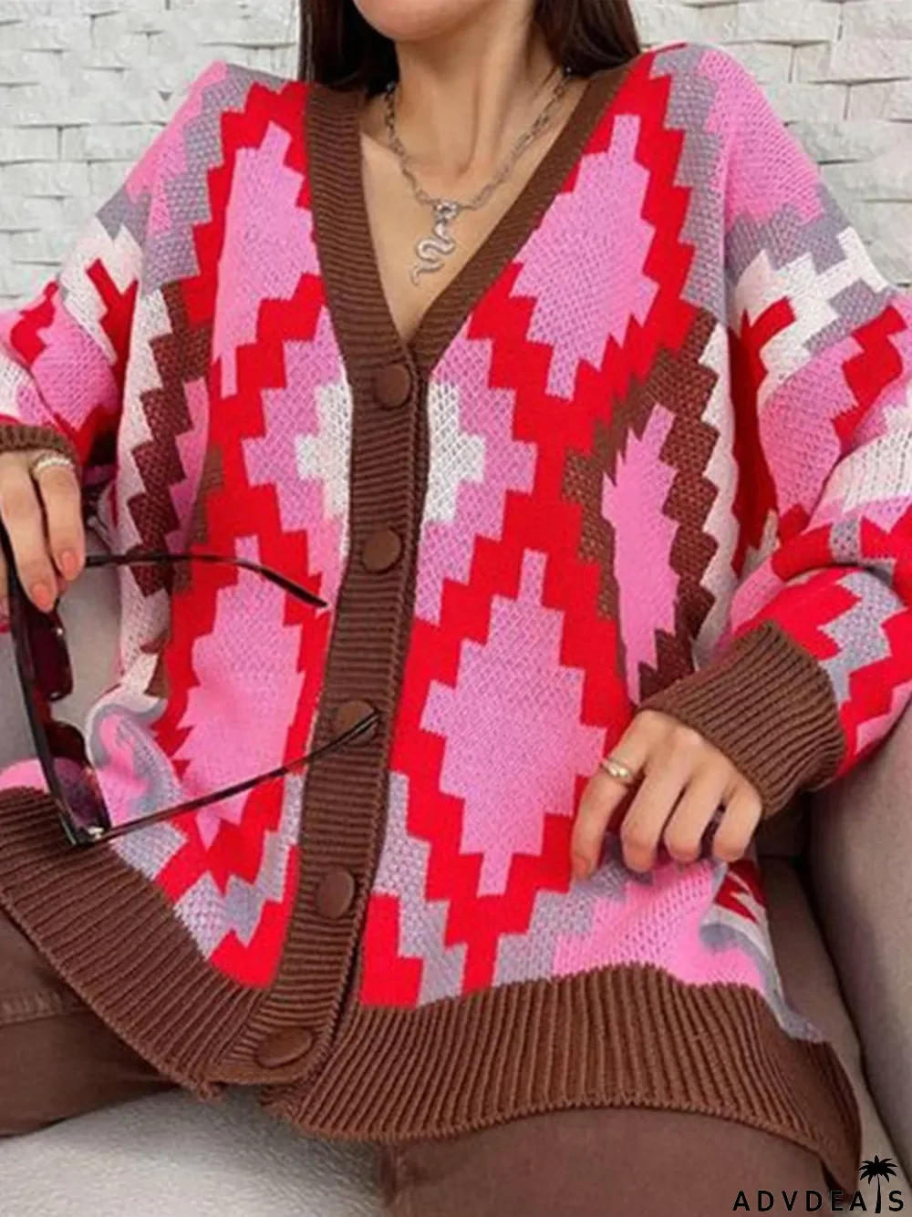 Women's V-neck Plaid Twist Knitting Long Sleeved Top