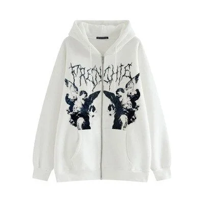 Women Hip Hop Streetwear Hooded Jacket Angel Dark Print Jacket Coat Harajuku Cotton Autumn Punk Winter Jacket Outwear Zipp