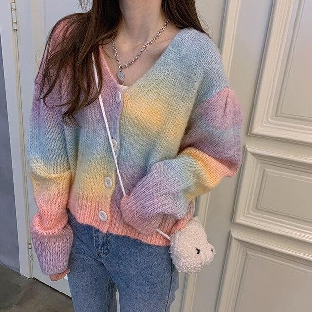 Sweet V-neck Rainbow Cardigans Sweater SP15382