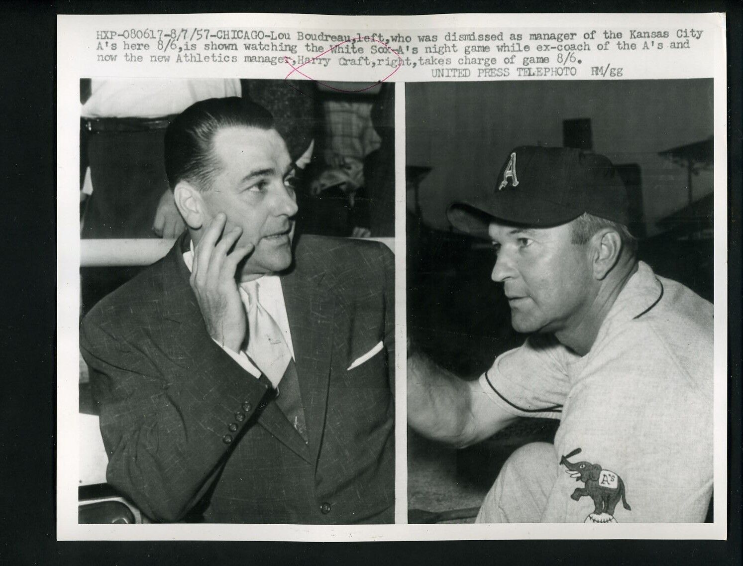 Harry Craft new manager of Kansas City A's & Lou Boudeau 1957 Press Photo Poster painting