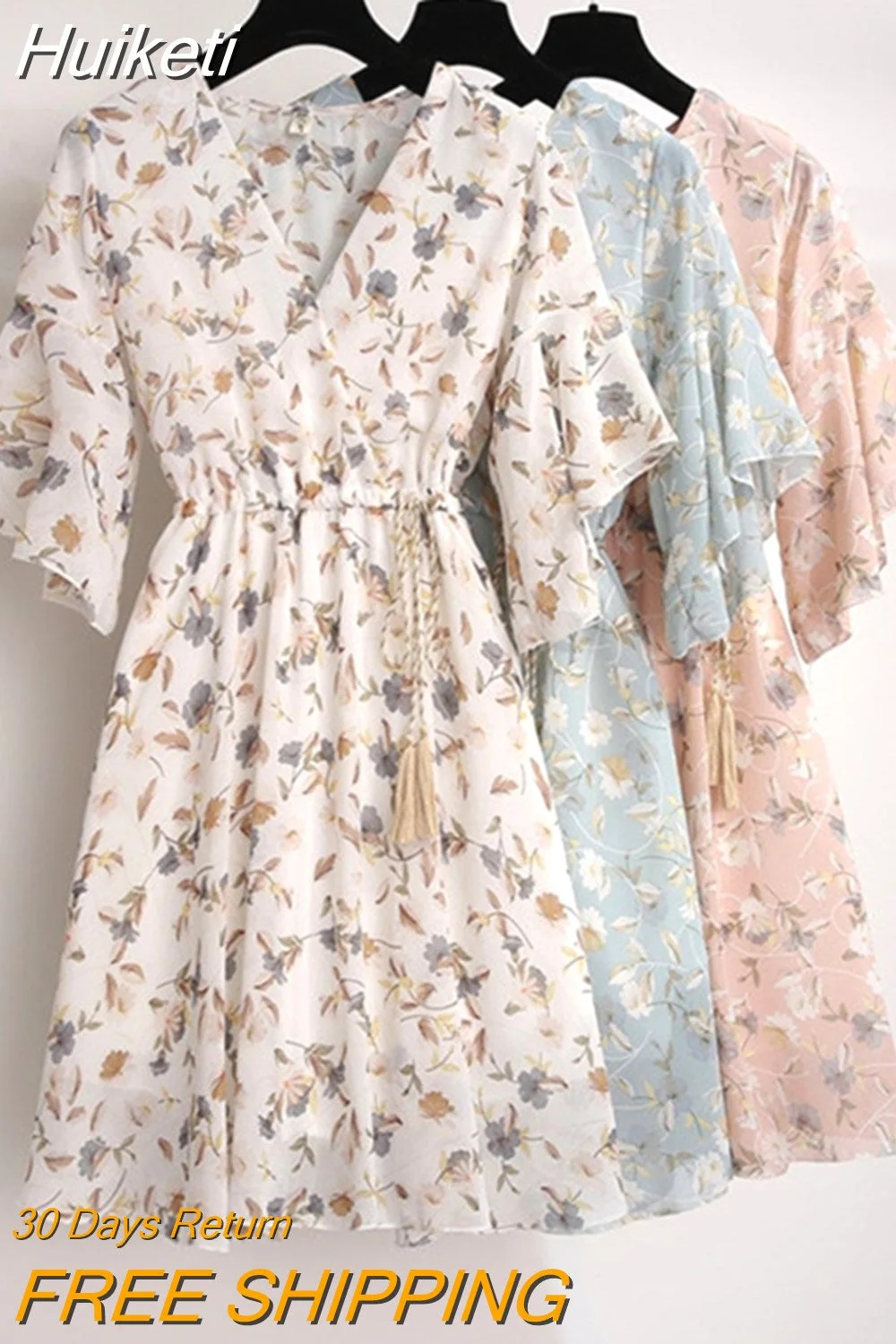 Huiketi Summer Chiffon Women V-Neck Floral Print Short Dresses Sweet Ruffle Sleeeve Slim 2023 New Drawstring Ladies Dress