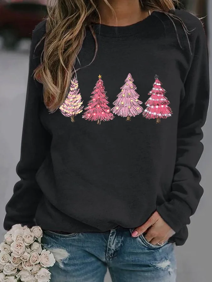 Women's Pink Christmas Tree Print Sweatshirt