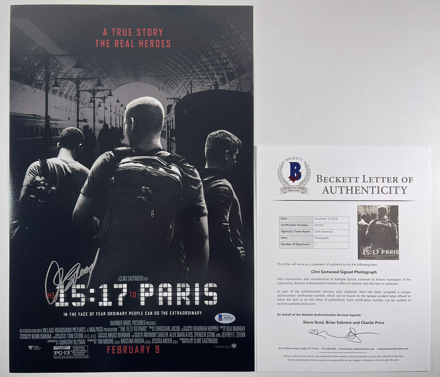 CLINT EASTWOOD SIGNED THE 15:17 TO PARIS 12x18 Photo Poster painting MOVIE POSTER BAS LOA A67022