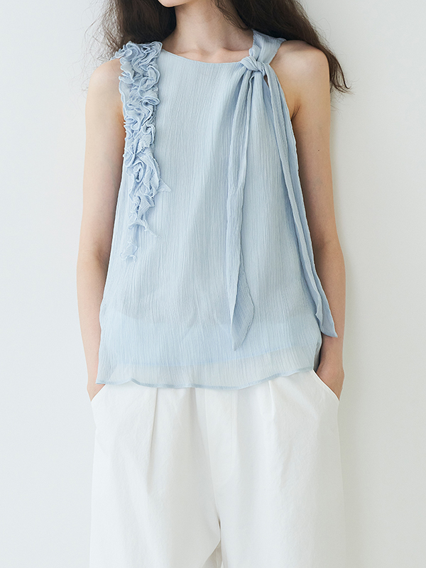 Ruched Sleeveless Knot Solid Color Blouses