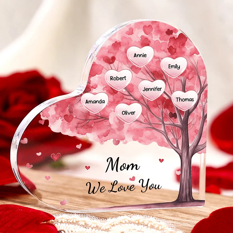 7 Names - Personalized Acrylic Heart Keepsake Custom Text Pink Tree Ornaments Gifts for Grandma/Mother