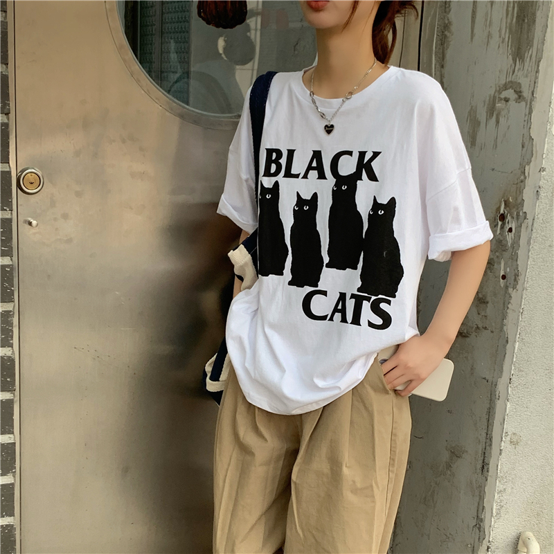 Black Cat Printed Long T-shirt For Women's