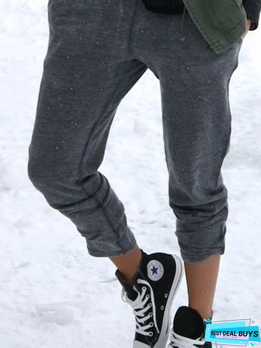 Gray Casual Cotton-Blend Plain Pants