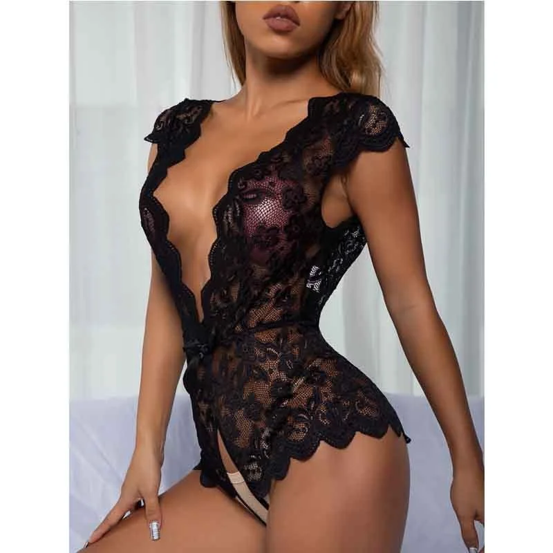 Churchf Sex Lingerie De-Back Deep V-Neck Lace Passion To Seduce Pajamas Hollow Sex Lingerie Sexy Dress