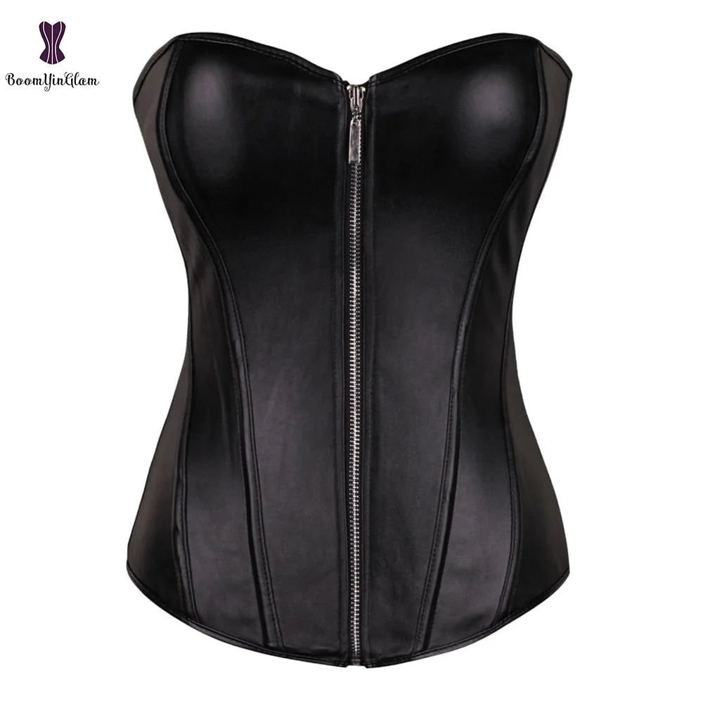 Push Up Women Black Faux Leather Bustier Burlesque Basque Fancy Dress Corset With G String 834#