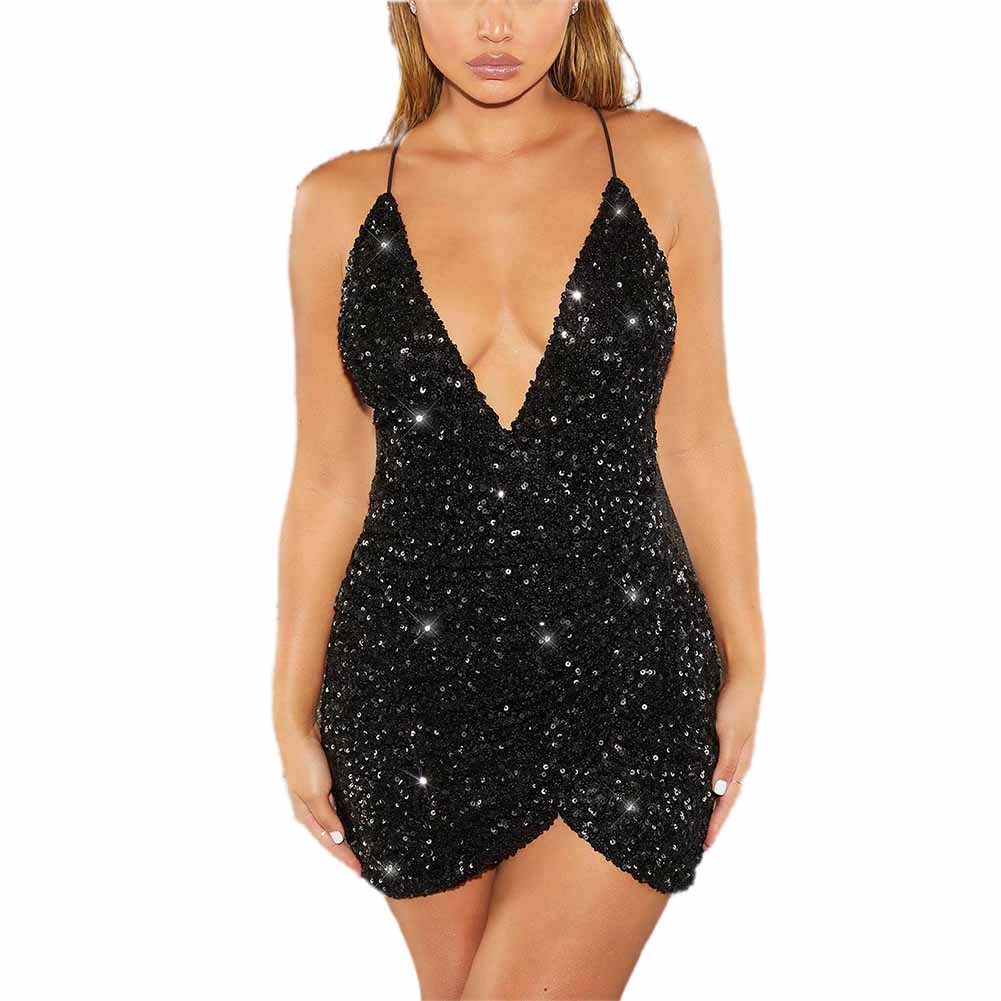 Sexy Ladies Sequins Glitter Sparkle Deep V Neck Halter Backless Bodycon Mini Dress Evening Party Dress Summer Dresses for Women