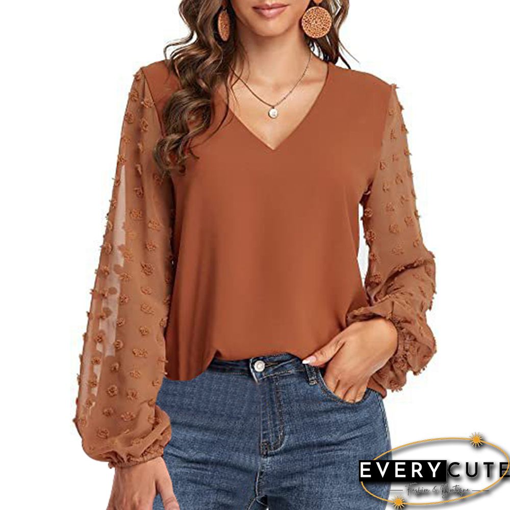 Caramel V Neck Splicing Swiss Dot Long Sleeve Blouse