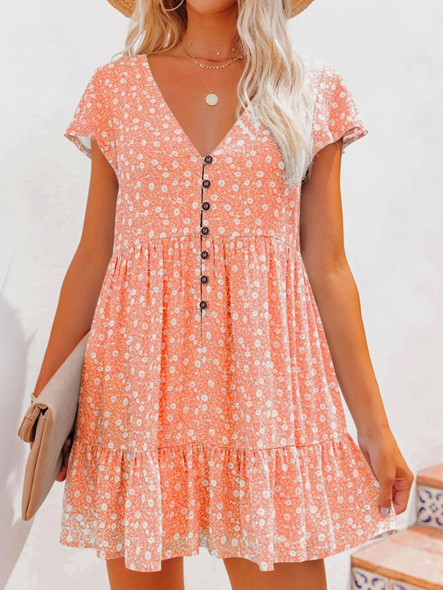 Loose Casual V-Neck Button Floral Short Sleeve Dress