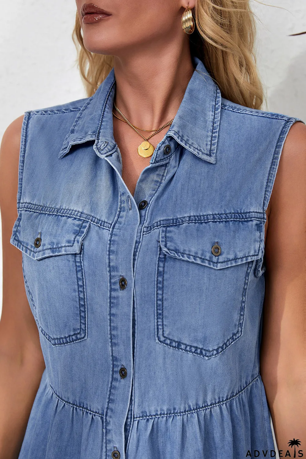 Sky Blue Flap Pockets Button up Sleeveless Denim Dress