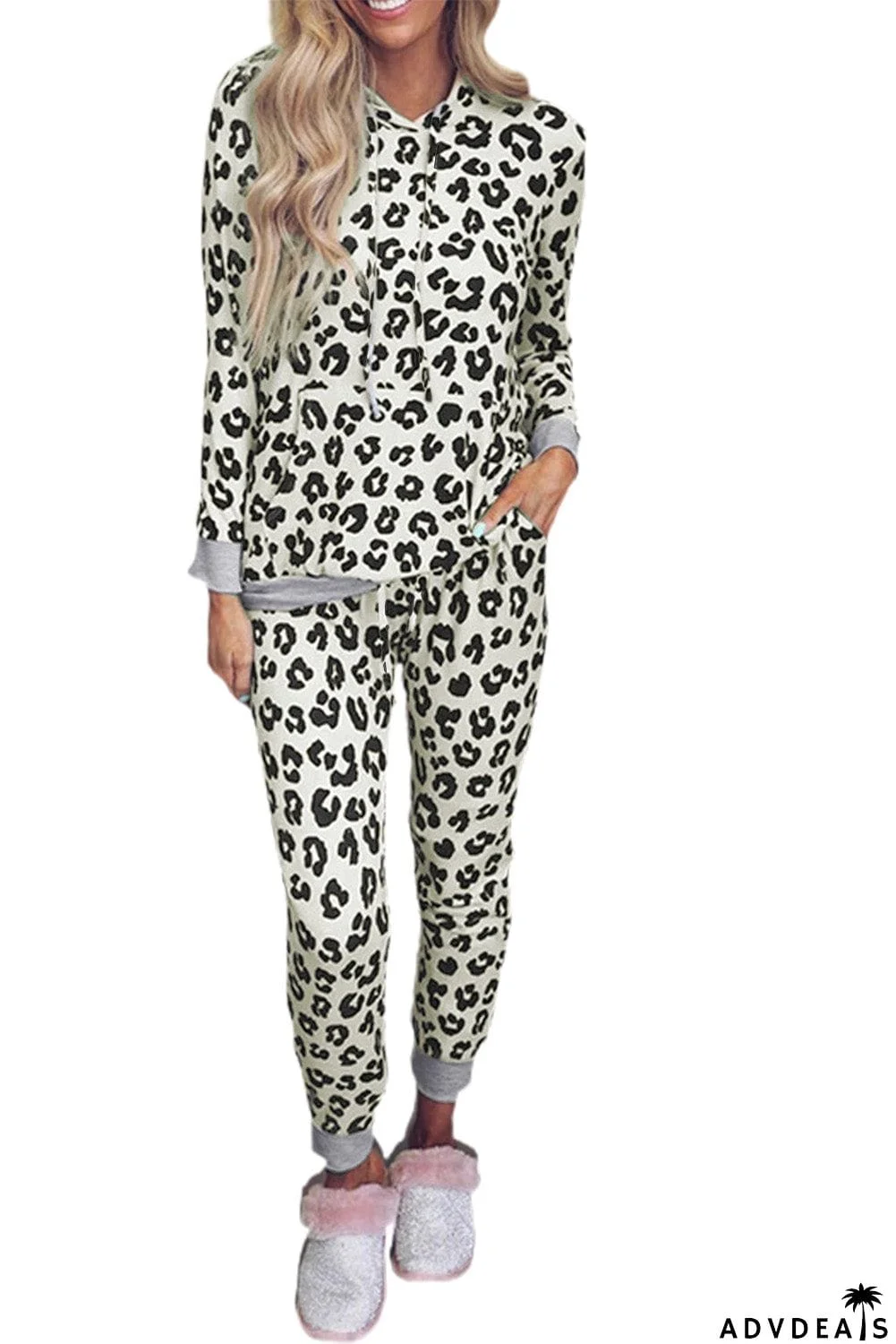 Print Hooded Top and Slim-fit Pants Loungewear
