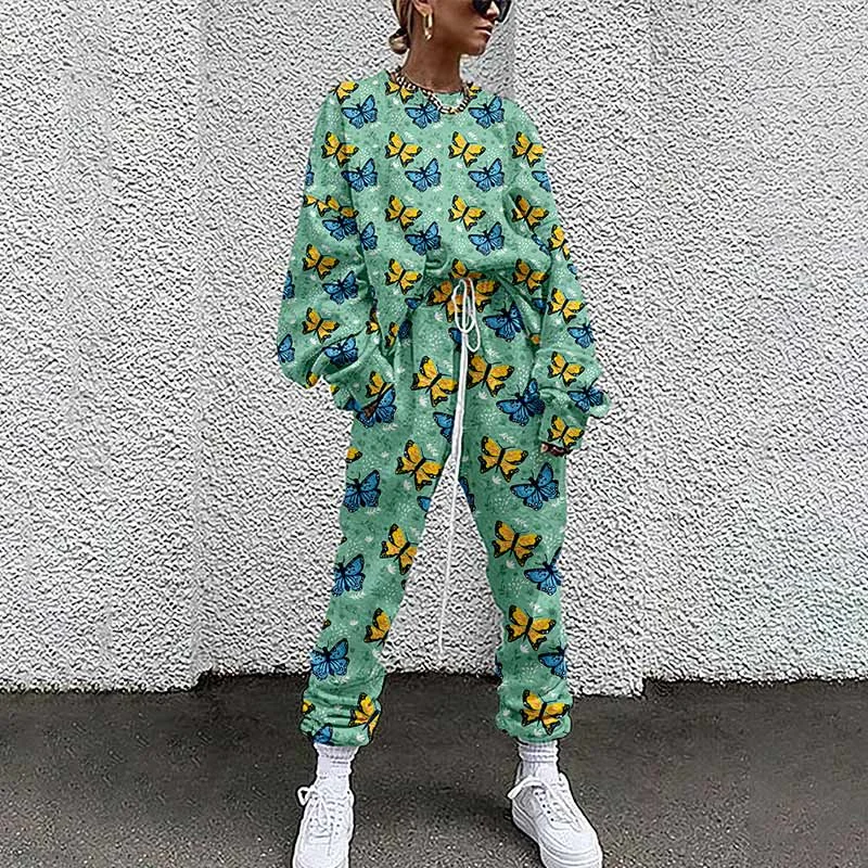 Breakj Tracksuit Two Piece Pullovers Cloting Long Sleeve Tie-dye Print Female Tops And Elastic Waist Pants Slim Casual Streetwear 217-1
