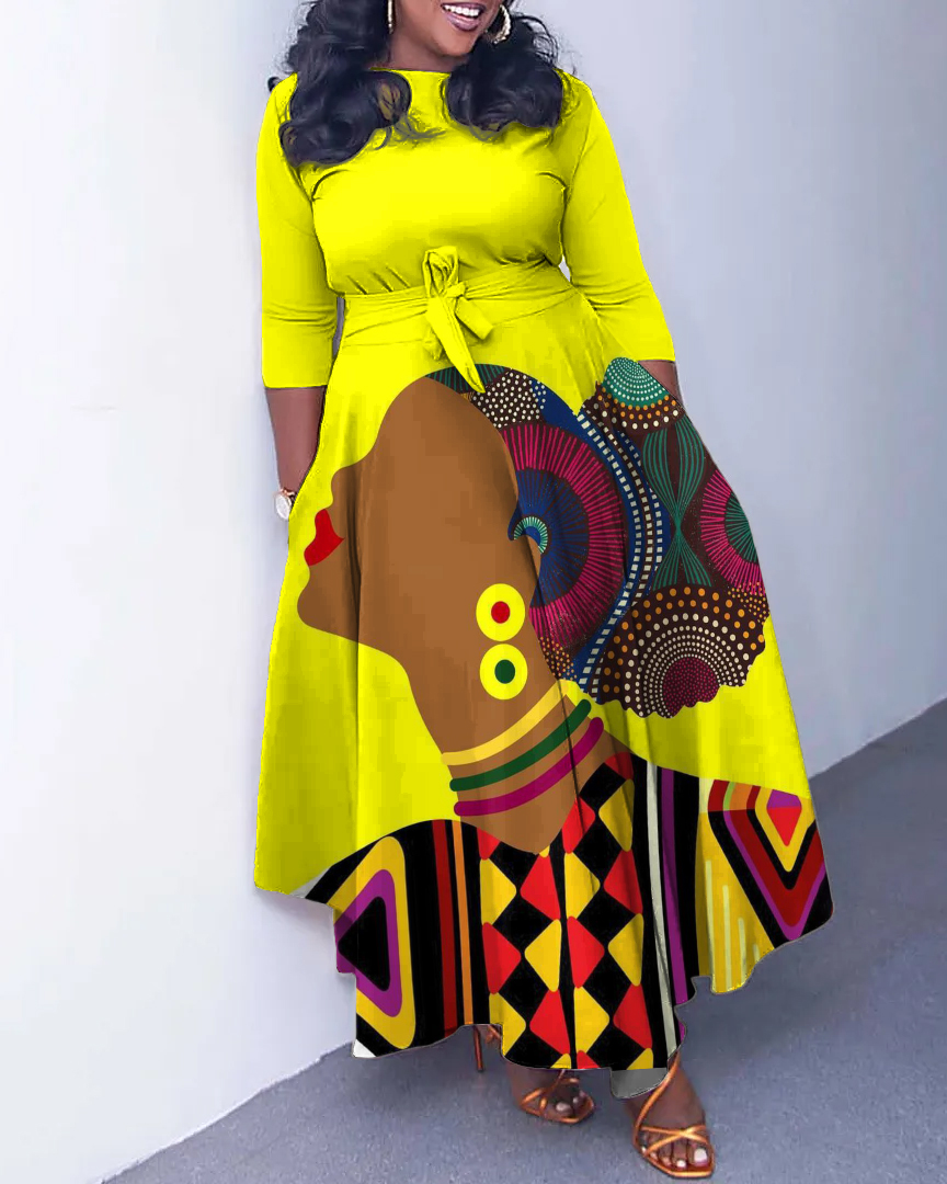 Curly Hair Girl Art Long Sleeve Pockets Maxi Dress