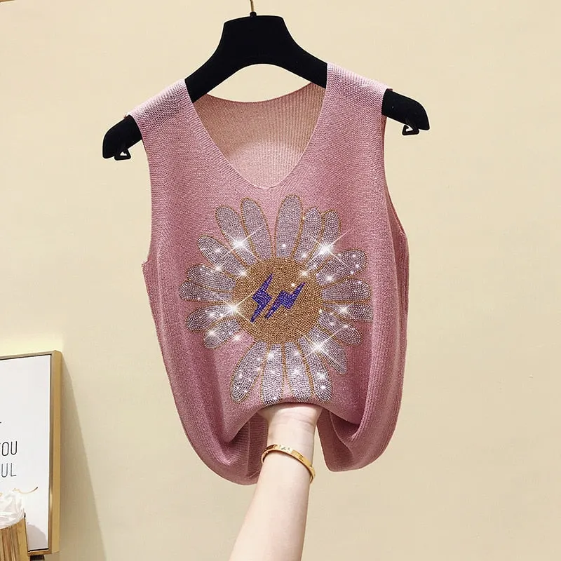NEEDBO Diamond Tank Vests Women Tops V-neck Solid Fashion Female Sleeveless Casual Thin Top Pink Green Summer Knit Tee Shirt