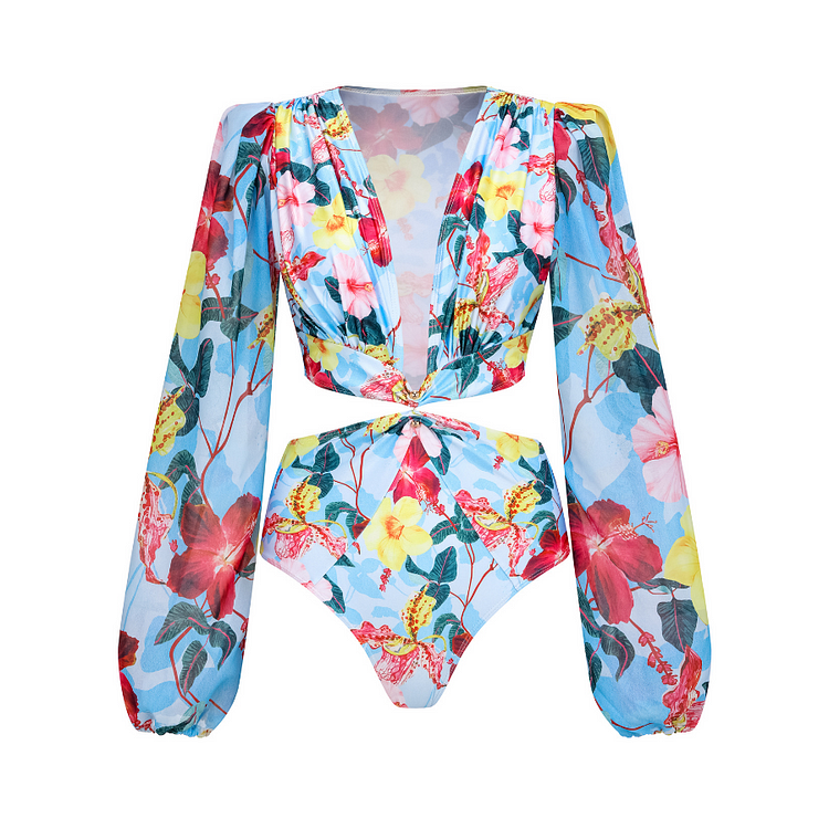 Plunge Long Sleeve Cutout Floral Print One Piece Swimsuit and Skirt/Shorts Flaxmaker