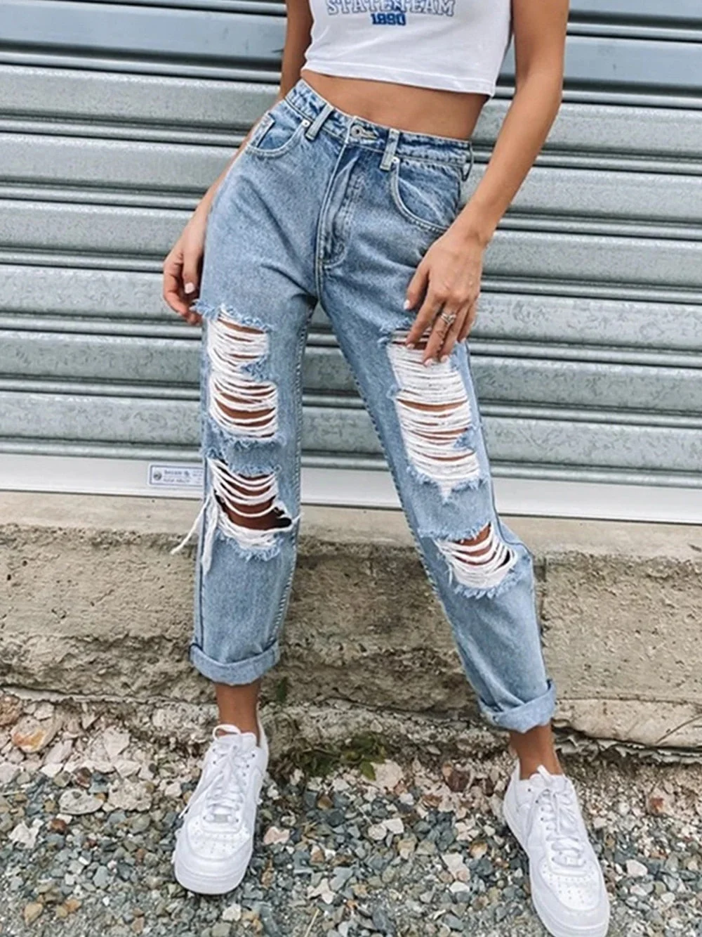 Sonicelife Women Ripped Jeans Streewear Skinny High Waist Shredded Female Trousers Pants Girls Jeggings Denim Pencil Jeans Sexy Pants Women