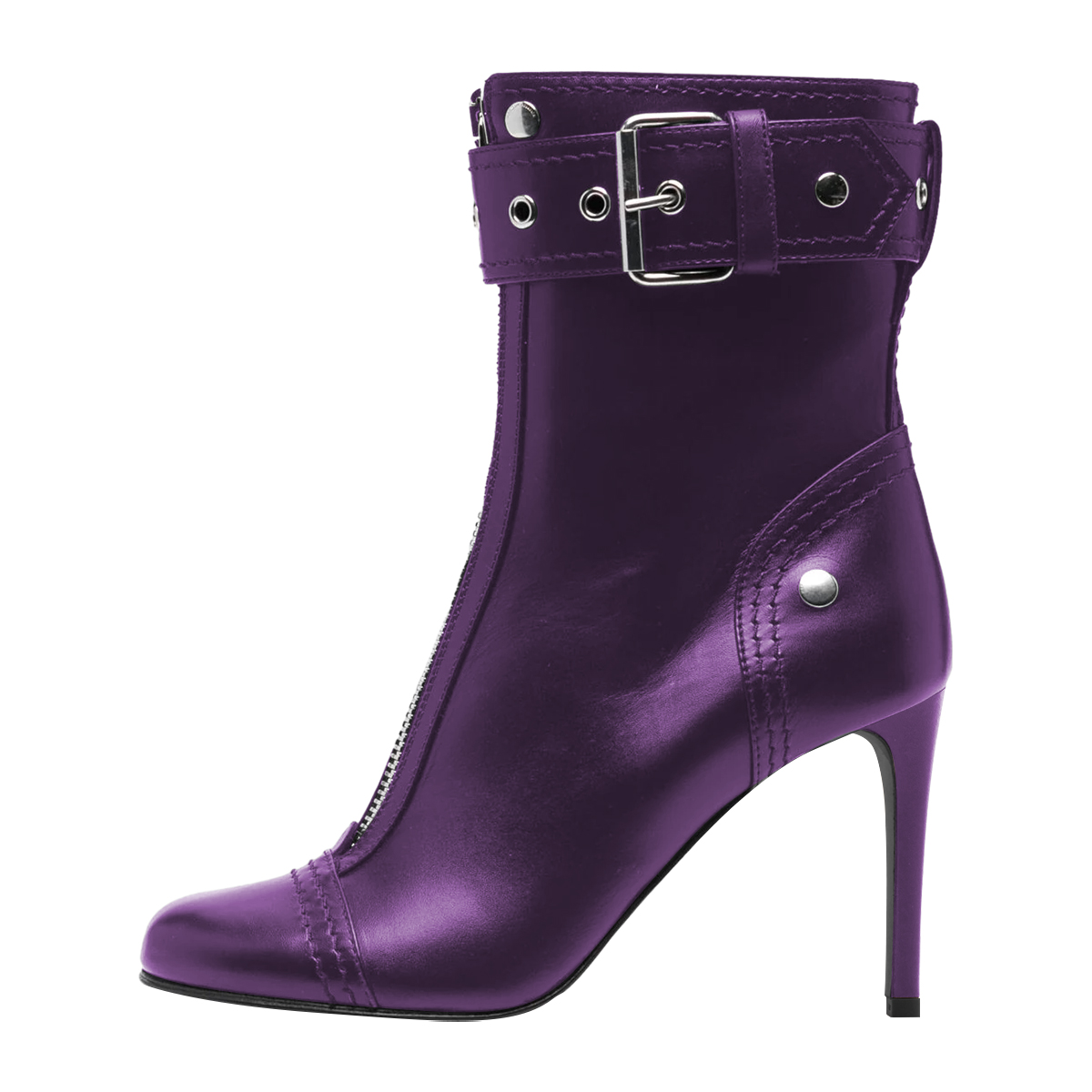 Metallic Purple Stiletto Heel Grommet Strap Ankle Boots with Zip Nicepairs