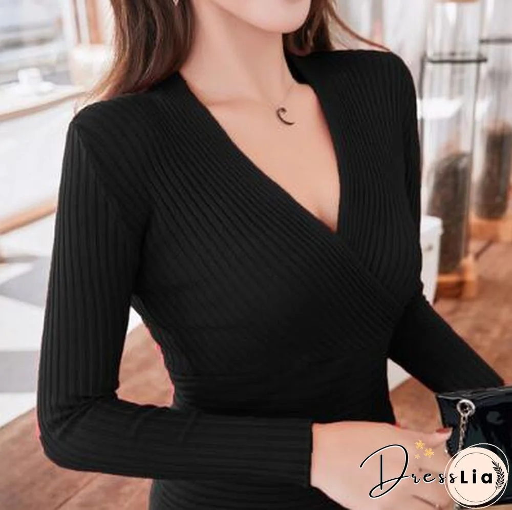 New Sexy Deep V Neck Sweater Women's Pullover Casual Slim Bottoming Sweaters Female Elastic Cotton Long Sleeve Tops Femme