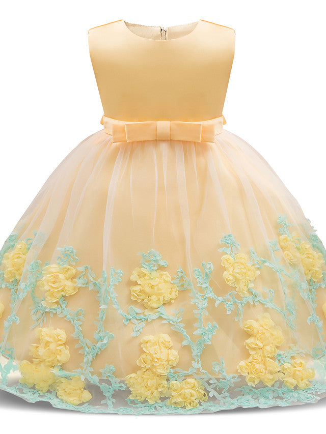 Oknass Long Length Sleeveless Jewel Neck Flower Girl Dresses Satin Tulle  With Petal Bow Appliques