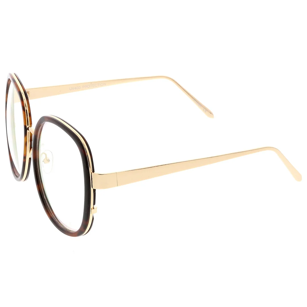 Women's Oversize Metal Arms Nose Birdge Clear Lens Round Eyeglasses 61mm