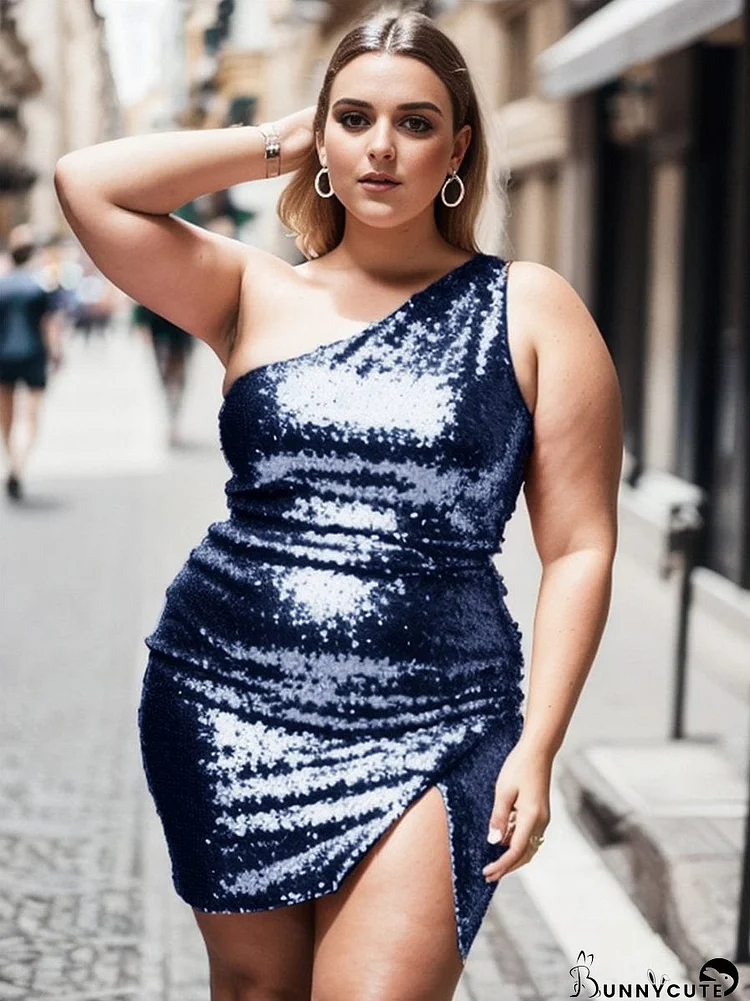 Plus Size Shiny One Shoulder Sequin Bodycon Sleeveless Homecoming Dress